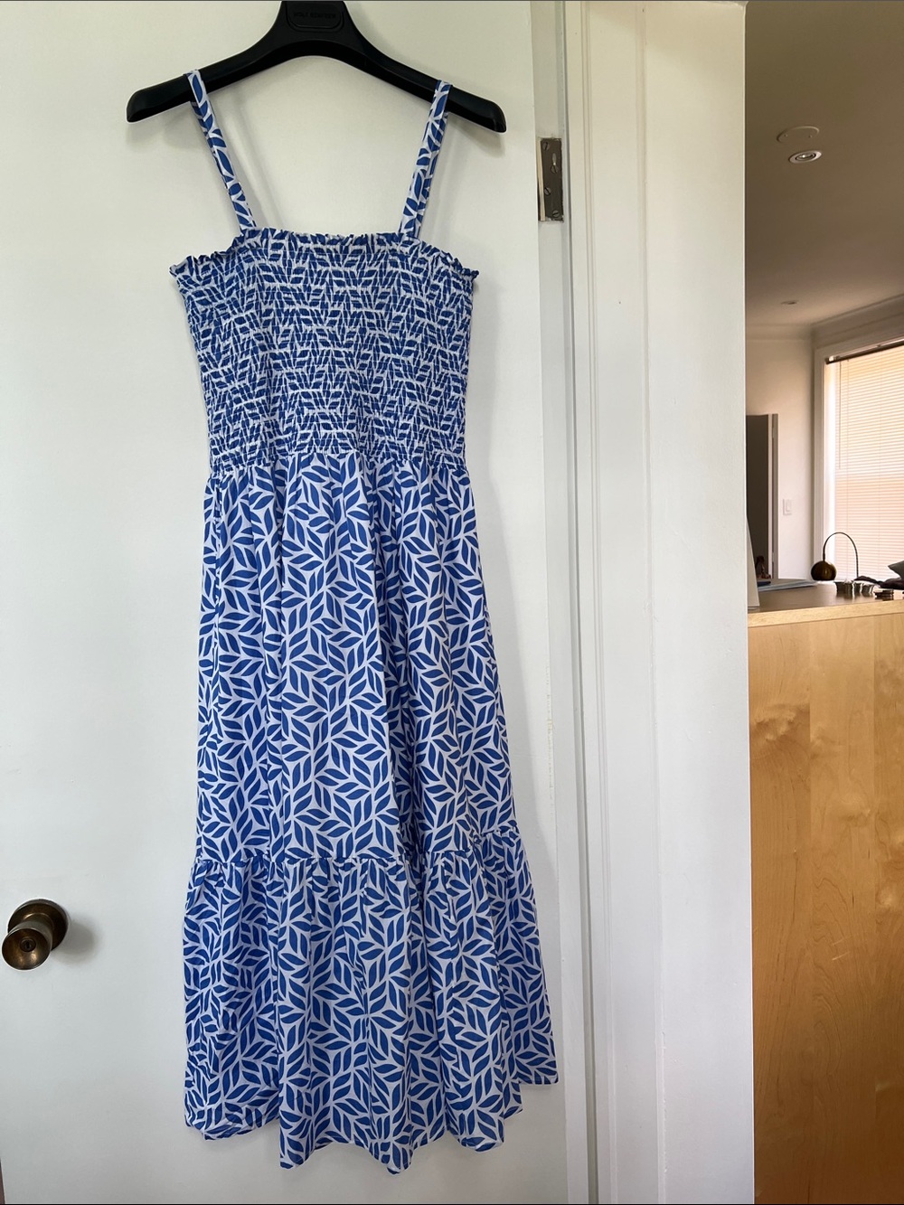 Ripe Blue and White Leaf-Print Smocked Maxi Dress